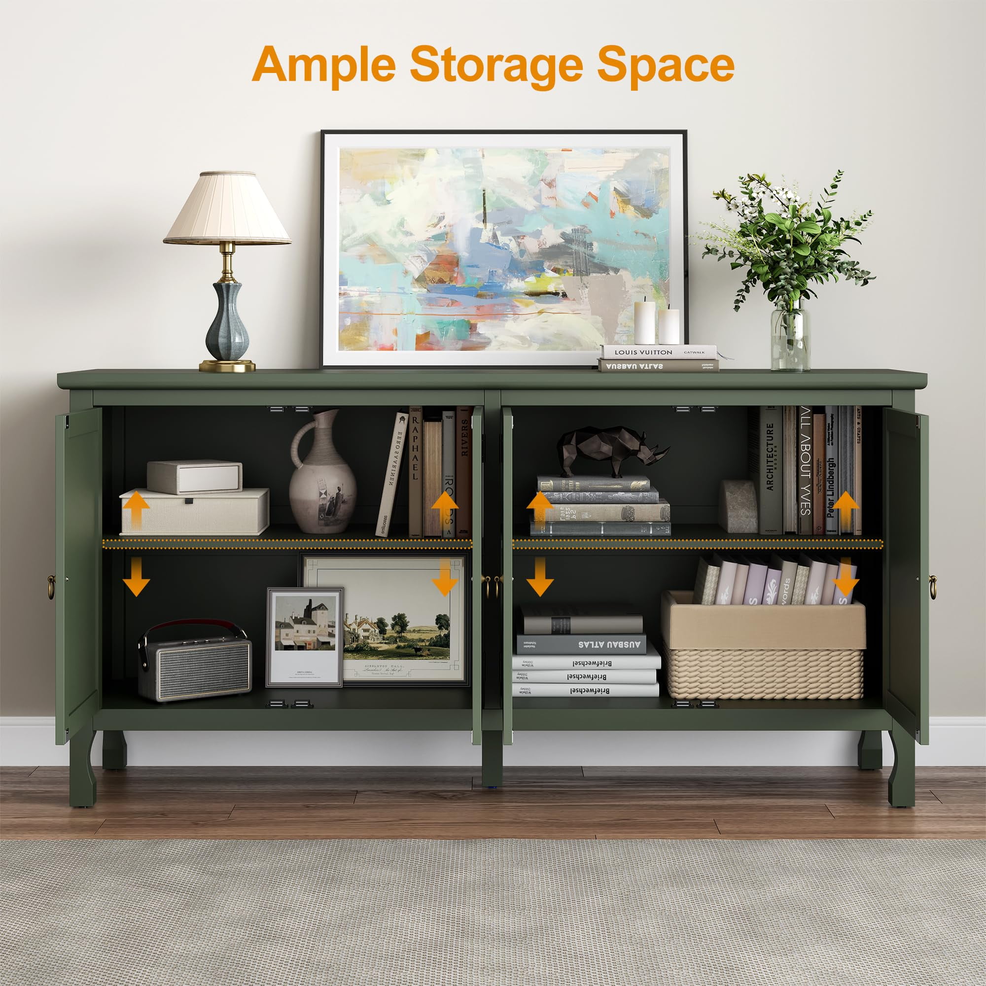 CozyHome 63" Carved Buffet Cabinet with Mirrored Door, Modern Console Cabinet with Storage and Adjustable Shelves, Wood Media Cabinet for Entryway, Living Room, Bedroom, Dining Room, Bathroom (Green)