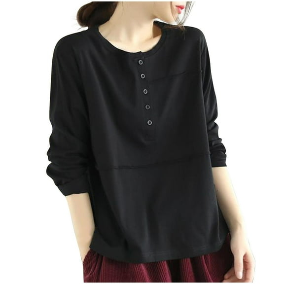 CQONEPT Womens Long Sleeve Tops Fall Crewneck Casual Loose Fit Sweatshirts Tops Button Going Out Trendy Pullover Black 1