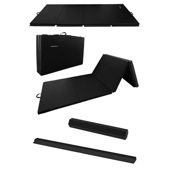 BalanceFrom 10ft x 4ft x 2in 4-Panel Folding Gymnastics Mat with 8ft Balance Beam, Black