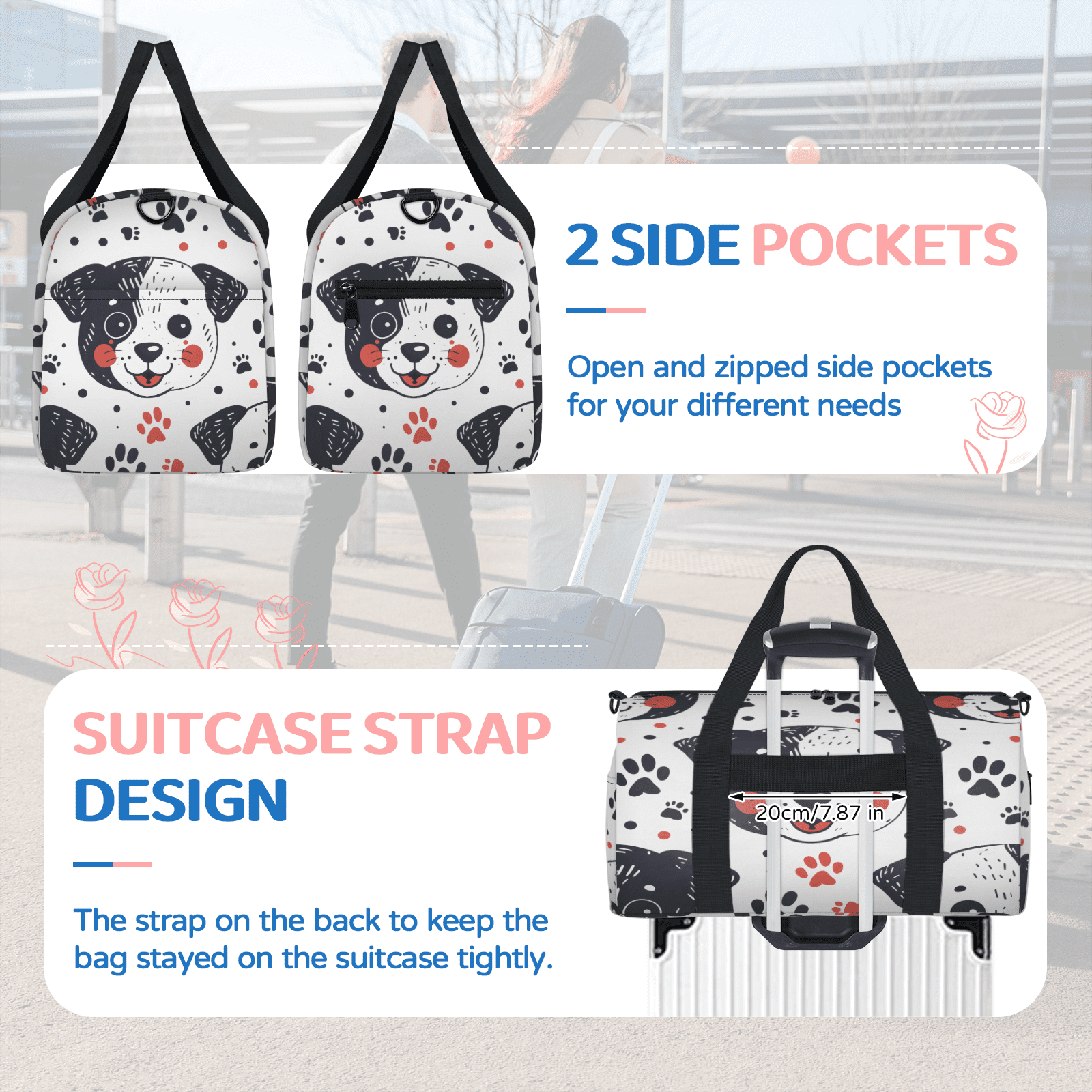 Herdesigns Funny Dog Gym Bag for Women, Duffle Bag for Travel Sport, Black Red Paw Lightweight Waterproof Carry on Weekender Dance Yoga Workout Bags