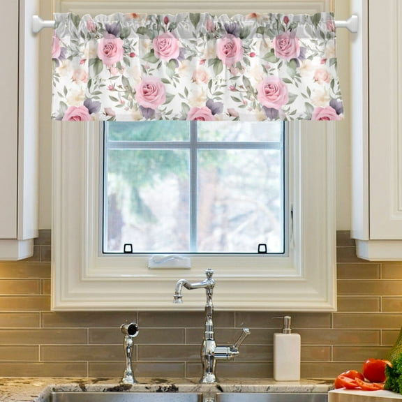 Ryvnso Rose Flowers Pink Window Valance Kitchen Farmhouse Rod Pocket Short Curtain 54x18 inch
