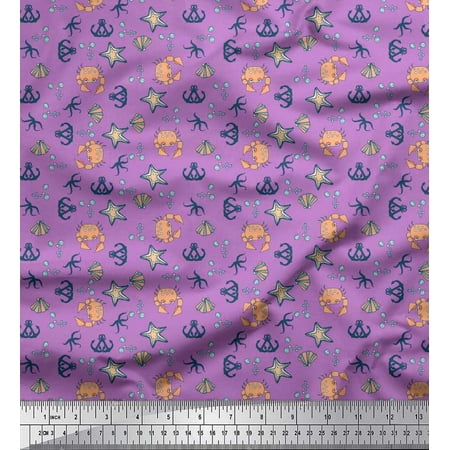 Soimoi Poly Georgette Fabric Anchor Hook Crab & Starfish Ocean Print Fabric by The Yard 42 Inch Wide