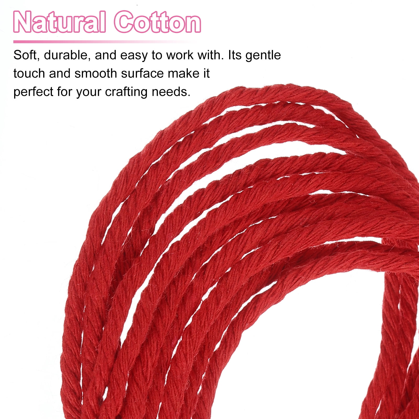 Uxcell Natural Macrame Cord 3mm x 328 Yards 4 Strand Twisted Cotton Macrame Rope for DIY Knitting Plant Wall Hanger Dreamcatcher, Bright Red
