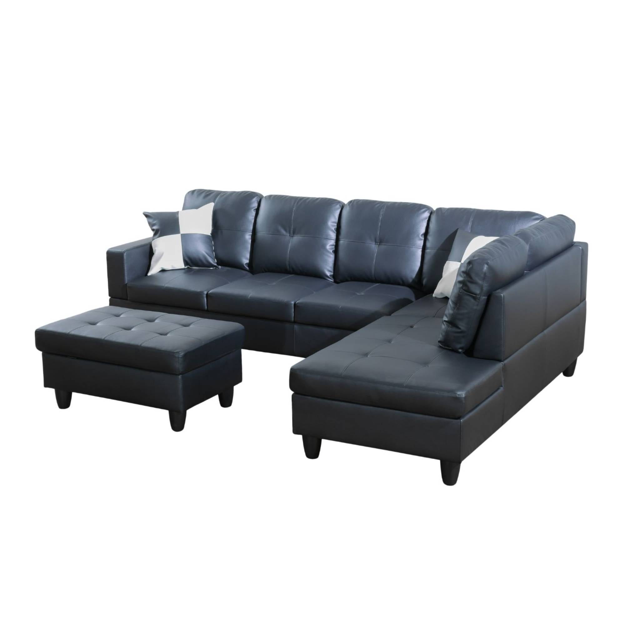 Modern Sectional Sofa Couch, 4-Seaters Leather Sleep Sofa with Right Chaise Lounge , Ottoman Furniture Sets for Living Room