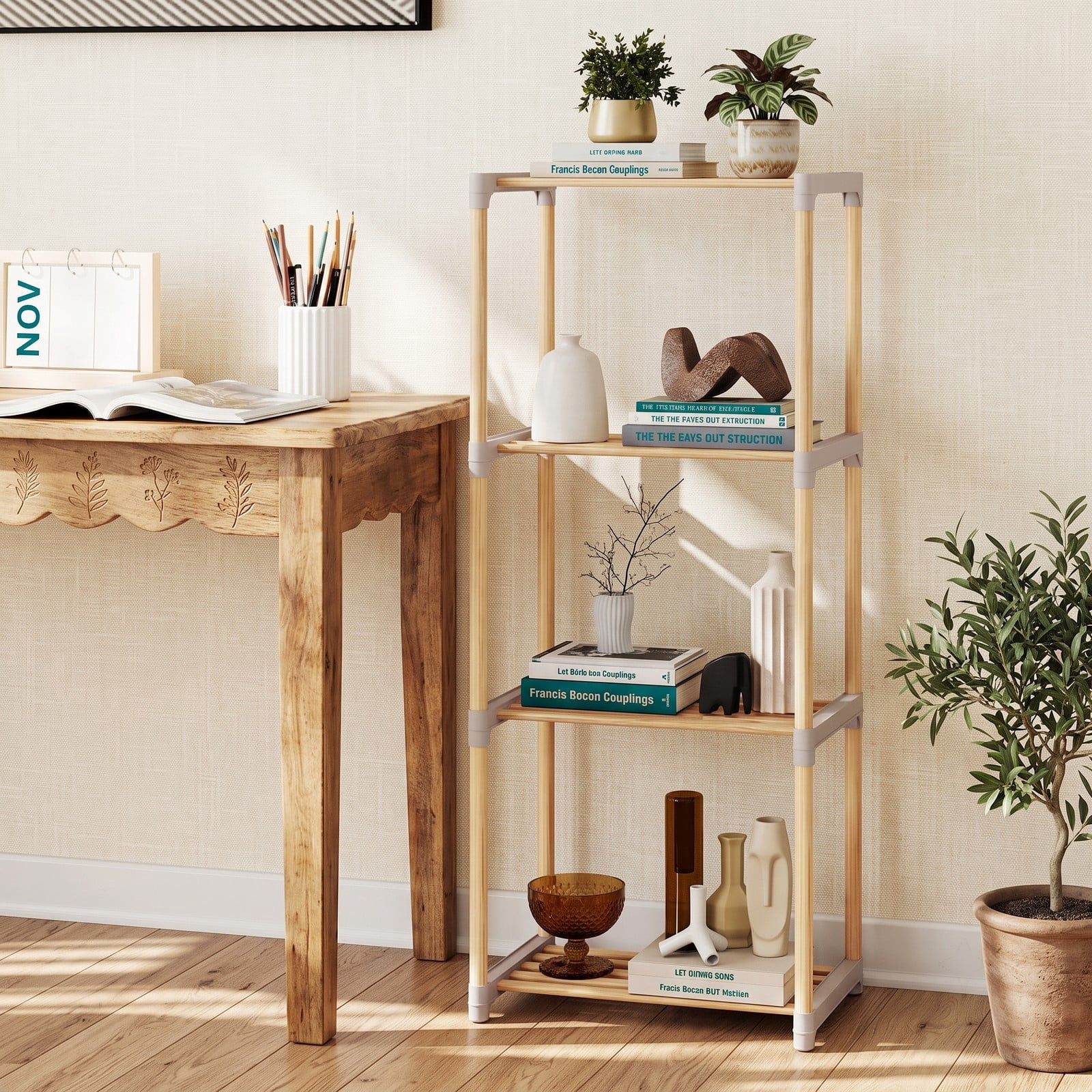 Furnibear 4-Tier Bookshelf Open Wood Bookcase Storage Shelf Organizer for Home Office Living Room Bathroom, Natural and Gray