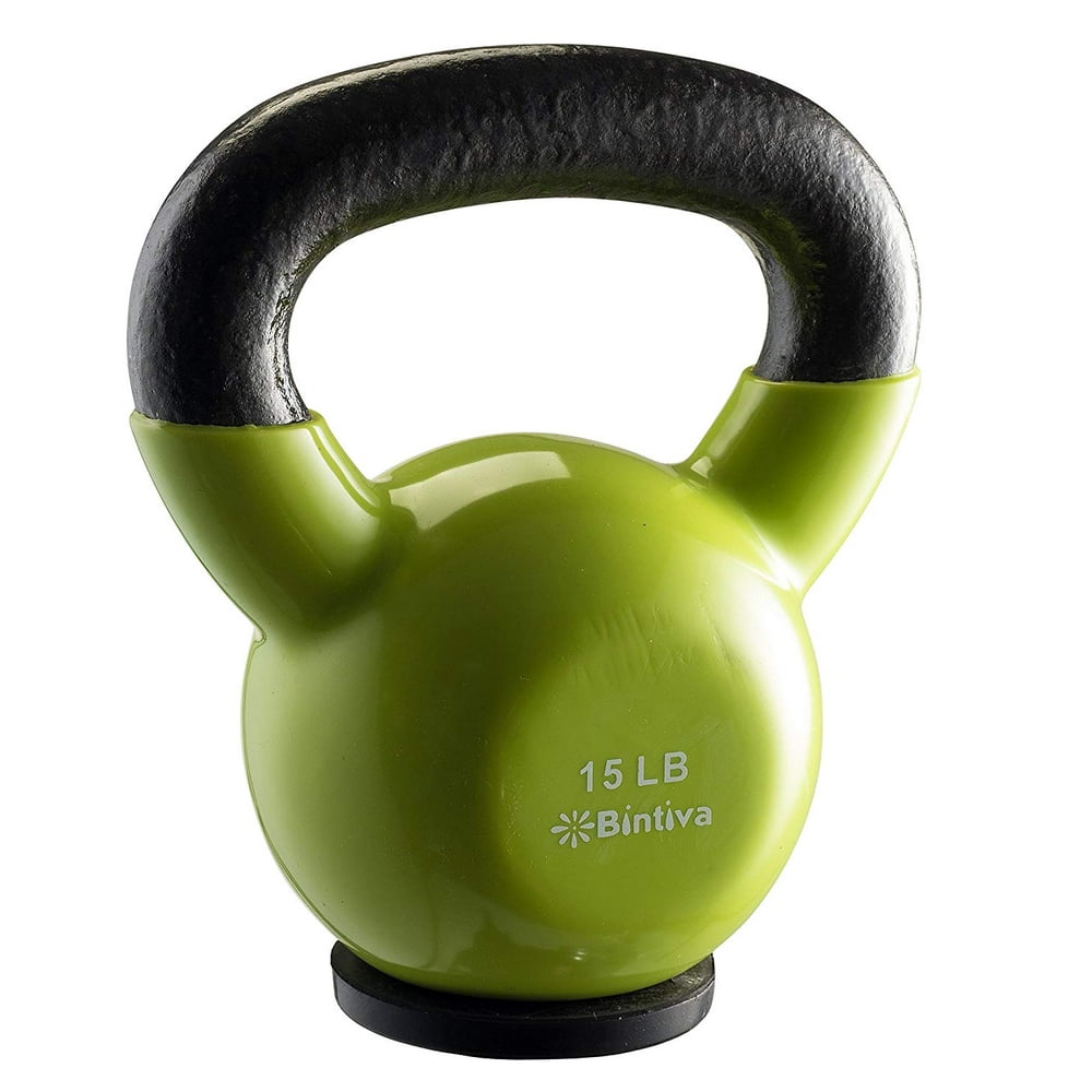 Bintiva Professional Grade, Vinyl Coated, Solid Cast Iron Kettlebells Light Green 15lb
