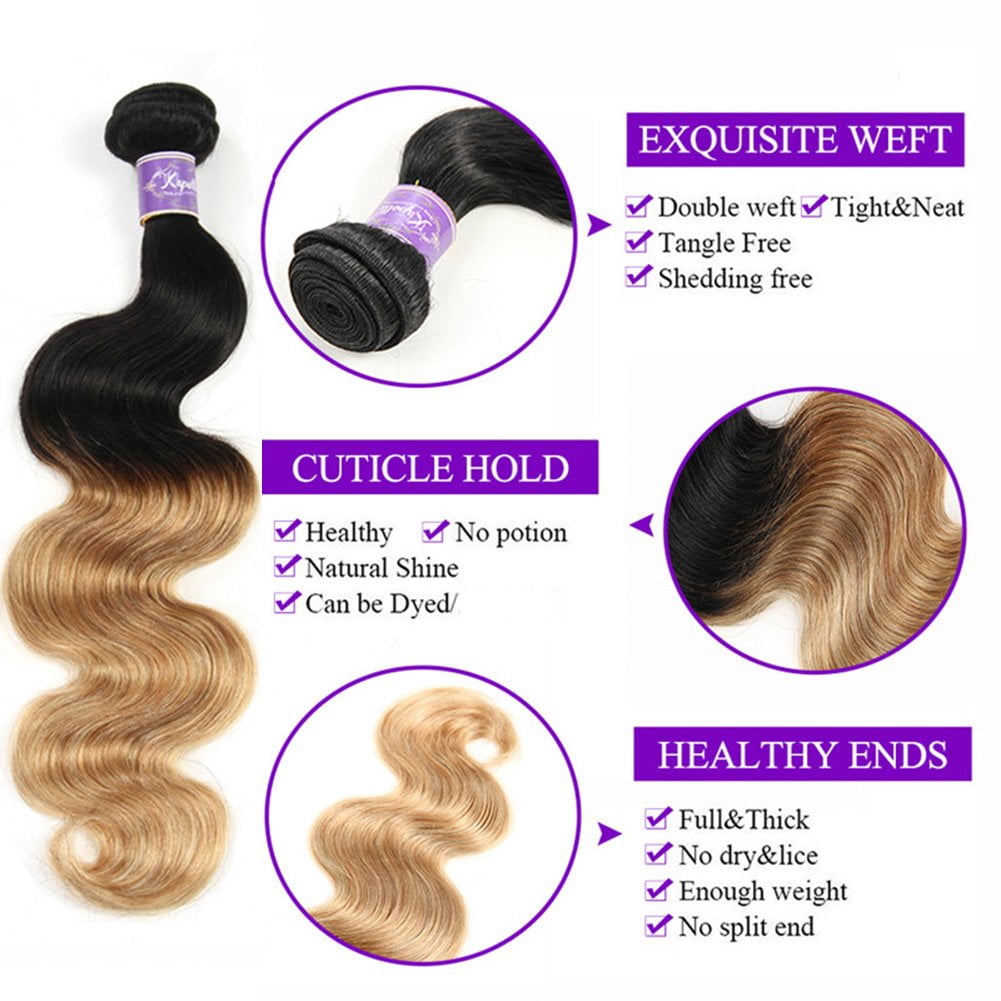 Unique Bargains Ombre Two Tone #1B/27 Color Brazilian 3 Bundles 100% Human Hair 10"12"14"inch
