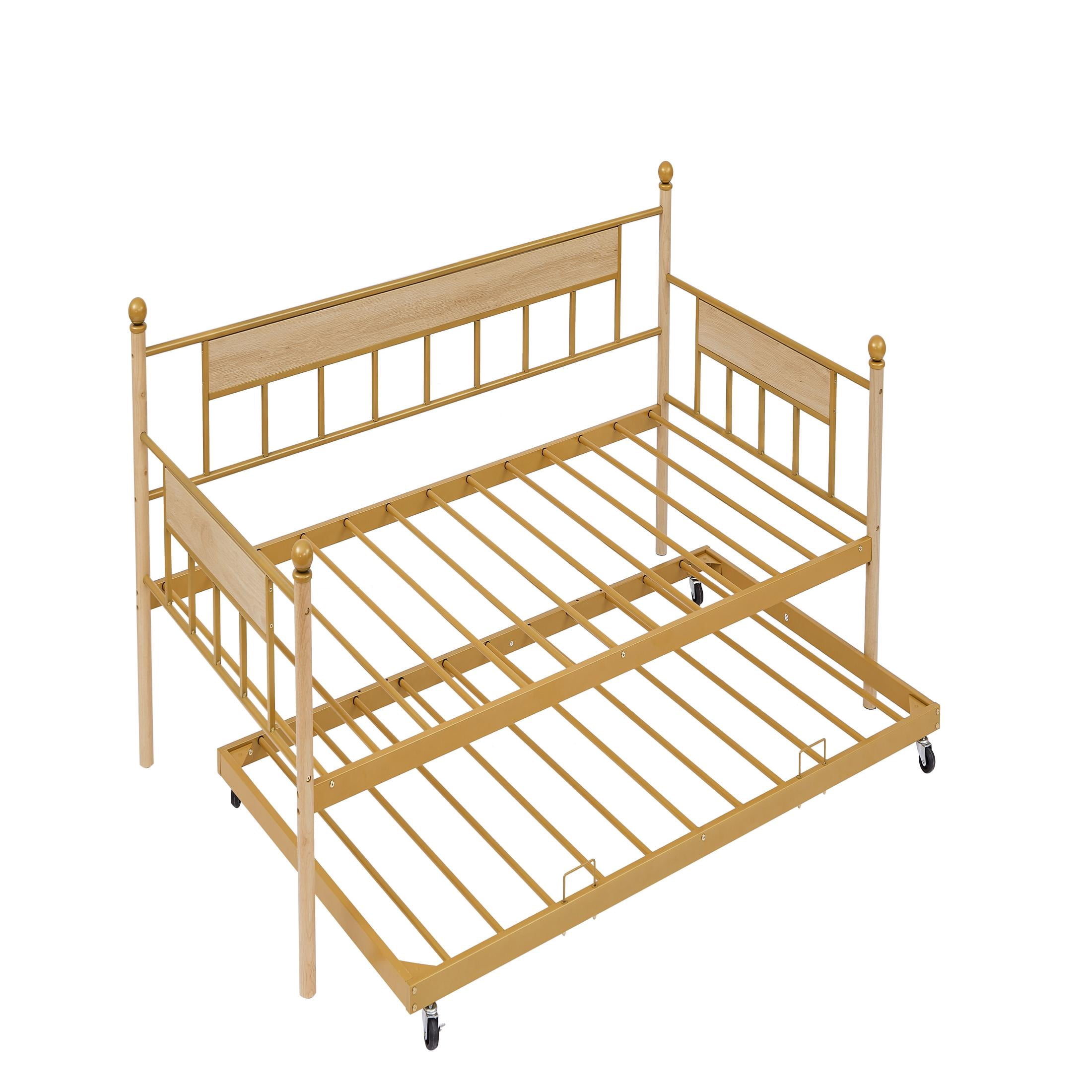 PORKISS Daybed, Steel & Wood Daybed with Trundle and Metal Frame, Modern Sofa Bed with Twin Size Frame for Bedroom, Apartment, and Living Room, Natural & Golden