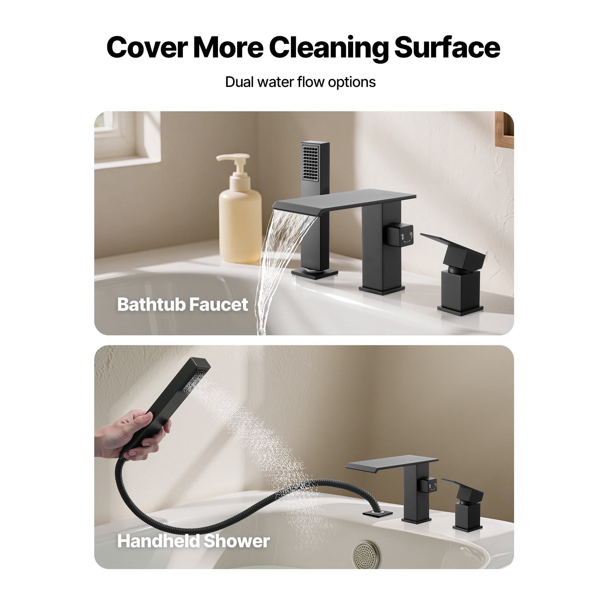 KFFKFF Roman Tub Faucet, 3-Hole Waterfall Bathtub Fixture with Shower Head & Single Handle, Deck-Mounted Bath Faucet Set for Washing Pets, Baby Care, and Adult Bathing, Matte Black