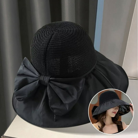 SikaFu Summer Black Rubber Bow Sunshade Hat For Women's Storage, Hollowed Out Fisherman Hat With Large Brim Basin Hat, Sun Protection Hat