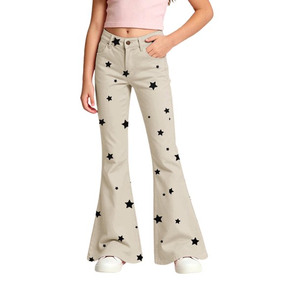 School Uniform Pants for Girls Back To School Slim High Waist Pocket Elastic Waistband Graphic Print Flared Trousers Girls Pants Size 5-6 Years