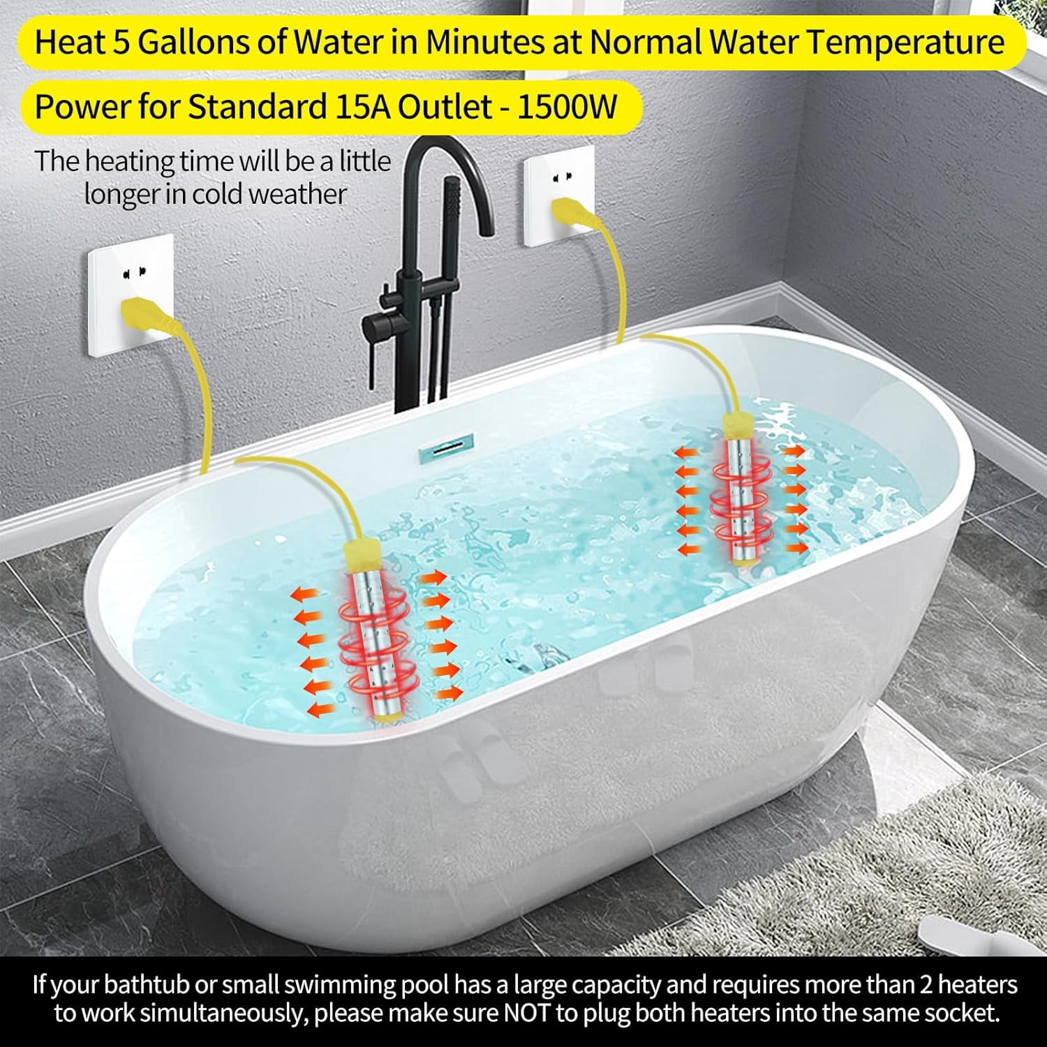 2 Pcs Immersion Water Heater,Anti-scalding Bucket Heater,Quick Heating Immersion Heater for Indoor & Outdoor(Yellow,1500W)