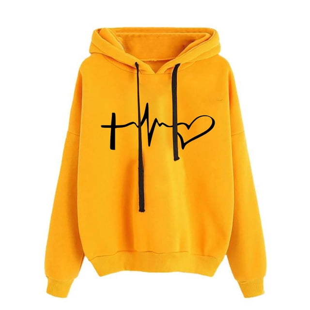 TIMIFIS Sweat à Capuche Jaune pour Femmes, Imprimé Graphique Tendance, Manches Longues, Pull Décontracté pour l'Hiver