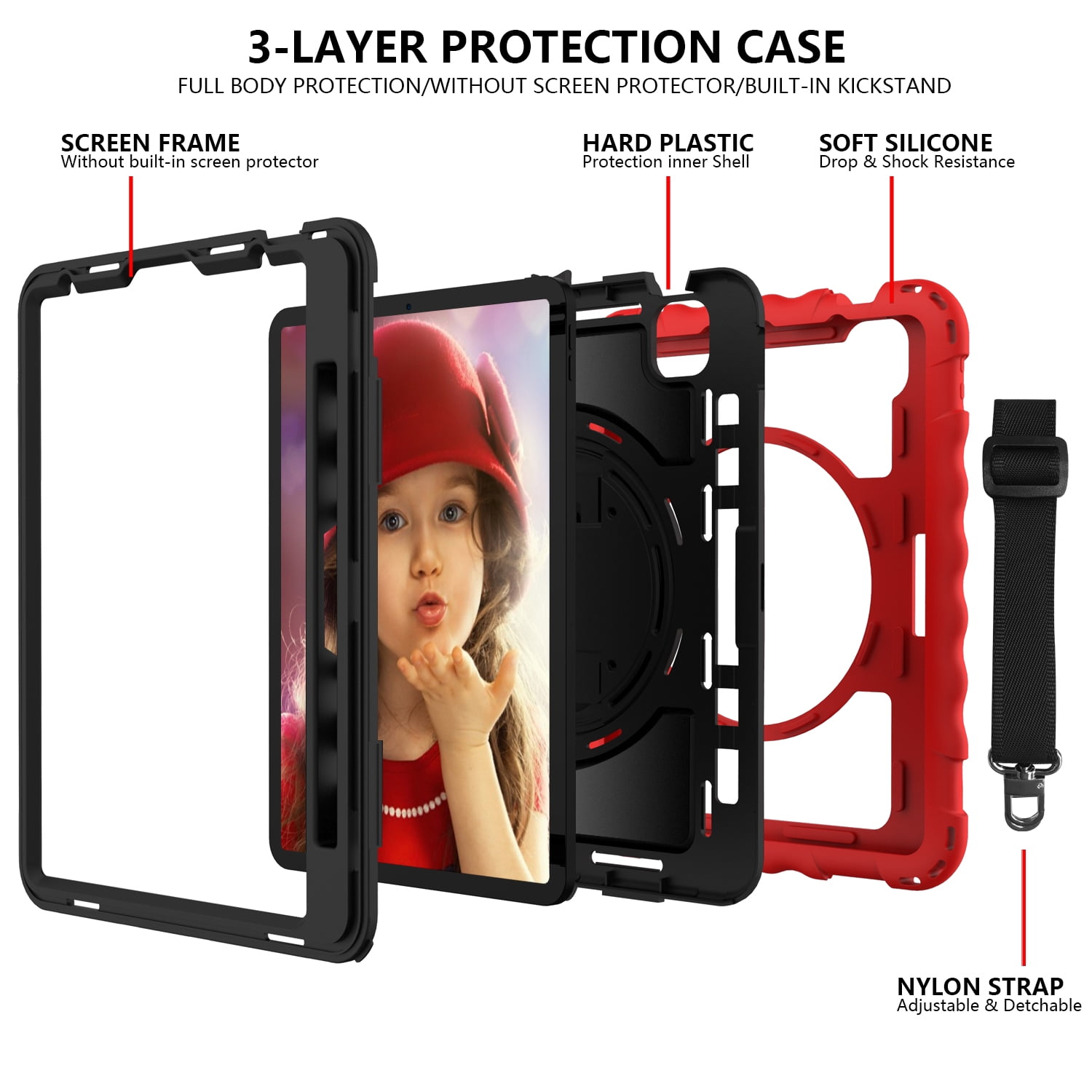 Allytech iPad Air 5 4 10.9 Case 2022/2020, Heavy Duty Shockproof Kids Case with Pencil Holder Hand Strap Kickstand Shoulder Strap for Apple iPad Air 5th 4th Generation 10.9 Inch -Red