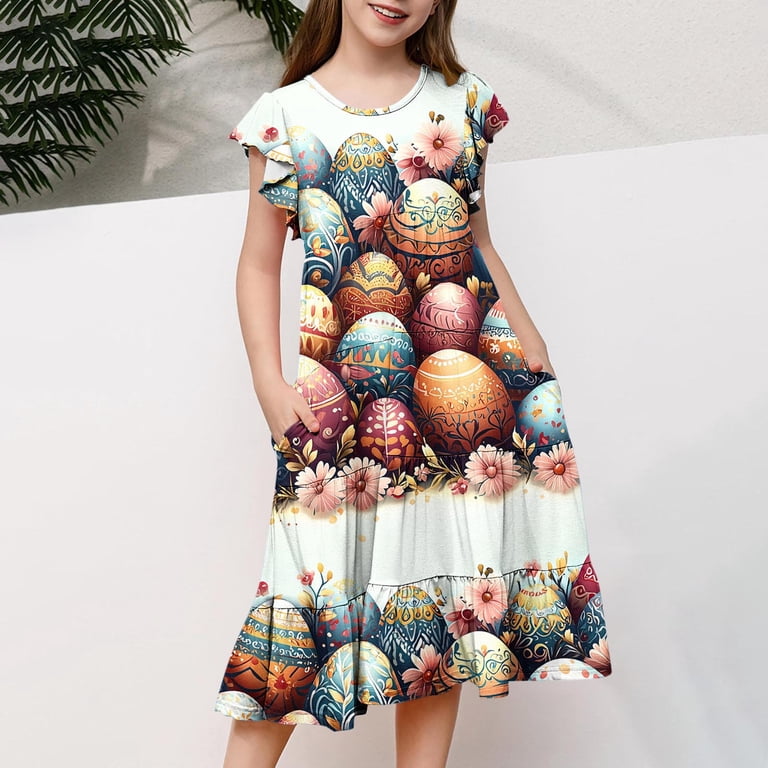Girls Easter Clothes Ruffle Tiered Dress Fly Sleeve Crew Neck Cute Bunny Eggs Print Spring Holiday Short Dress (12-13 Years, Easter #D) Girls Easter Clothes Ruffle Tiered Dress Fly Sleeve Crew Neck Cute Bunny Eggs Print Spring Holiday Short Dress (12-13 Years, Easter #D)