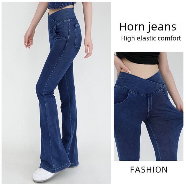 Pantalones acampanados de mezclilla con cintura alta y adelgazamiento para mujer, pantalones casuales ajustados elásticos para deportes, yoga y exteriores