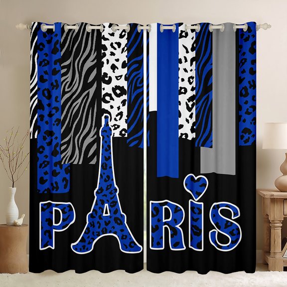 Homewish Blue Eiffel Tower Blackout Curtains Set of 2 (52x84 Each), Romantic Valentines Day Window Curtains, Chic Leopard Zabra Print Curtains and Drapes, Blackout Curtains Decor