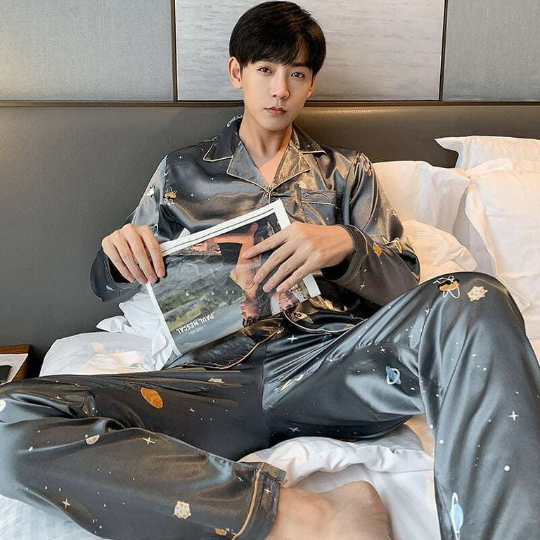 ZWWZ Men Comfortable Pyjamas Plus Size 90kg Long Sleeve Casual Home Wear  Autumn Silk Boy Pajama Set Leisure Sleepwear Set MISU (Color : C Hs 1932  Nan, Size : 5XL) : : Fashion
