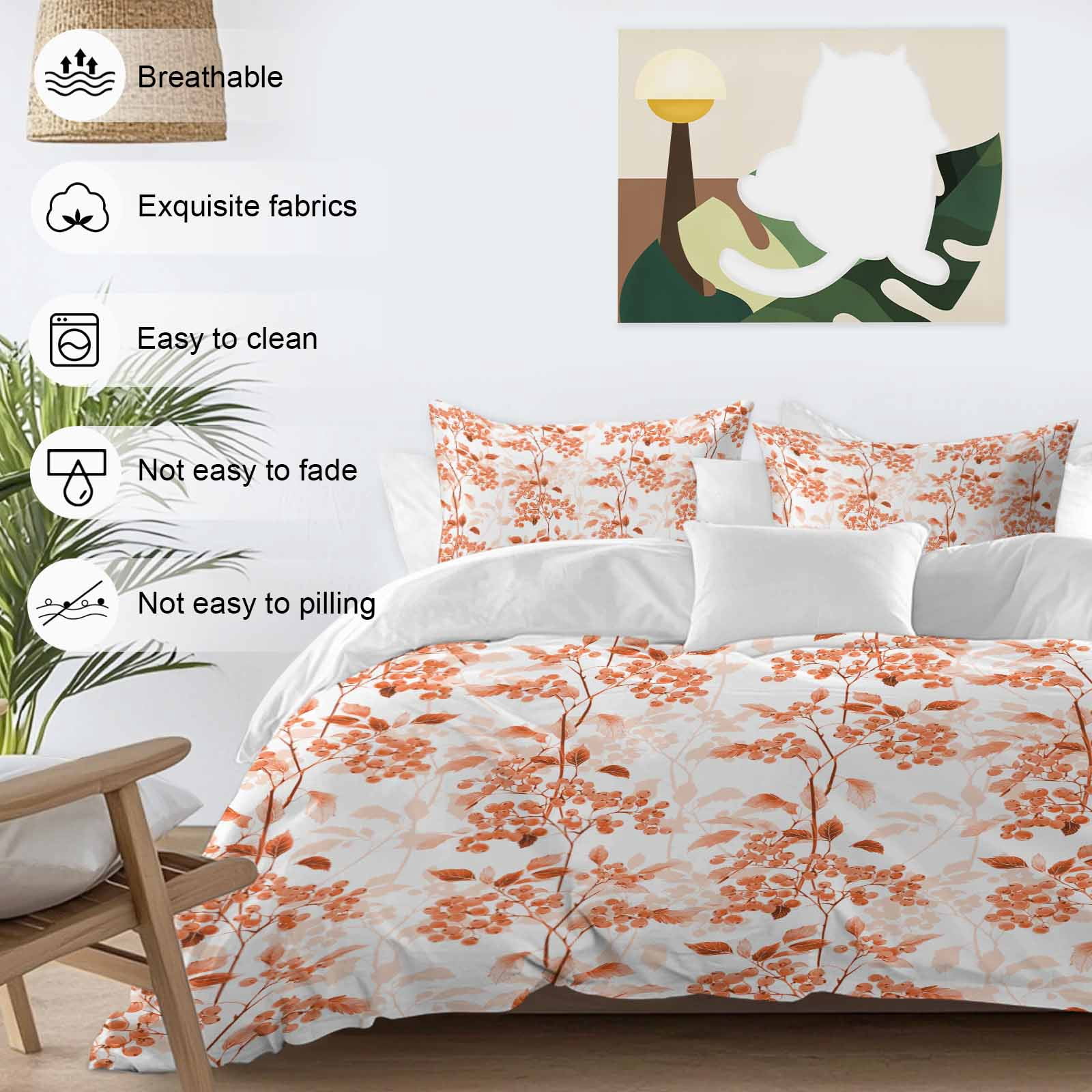 Burnt Orange Botanical Bedding 3 Piece Duvet Cover Set Full Size, Vintage Nature Flower Soft Microfiber Comforter Cover with Zipper Closure & Pillowcases, Wrinkle & FadeResistant Quilt Cover