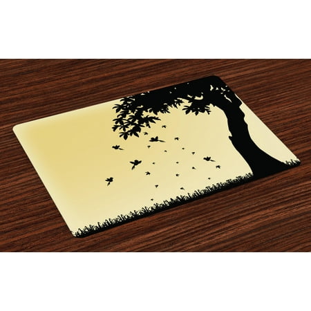 

Autumn Placemats Set of 4 Autumn Season Theme Silhouette of a Tree with Falling Leaves and Birds Pattern Washable Fabric Place Mats for Dining Room Kitchen Table Decor Mustard Black by Ambesonne