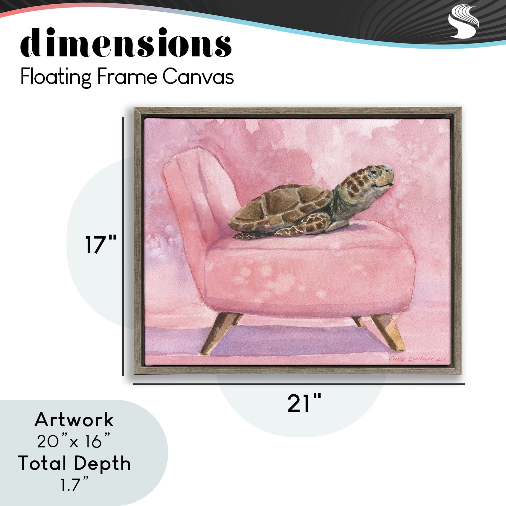 Stupell Industries Happy Turtle on Pink Chair Brown Framed Floater Canvas Wall Art, design by George Dyachenko