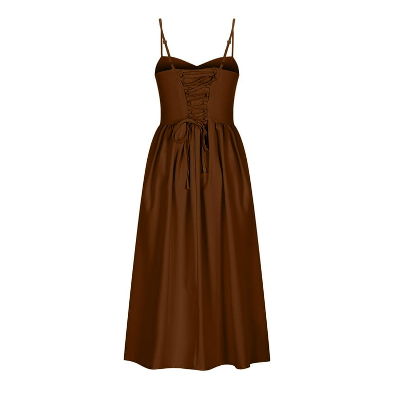 NXMZXB Corset Dress for Women Formal Spaghetti Strap Bustier Midi Dresses  Flowy Pleated Hem Low Cut Prom Sundress with Pockets Brown L - Walmart.com