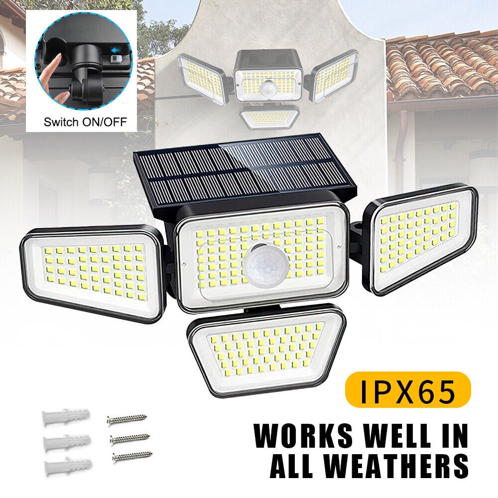 DFITO LED Solar Motion Security Lights Outdoor 4 Head 3000LM Motion Sensor Light Adjustable Flood Light Garden Waterproof