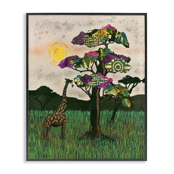 Stupell Industries Eclectic Giraffe with Bright Green Pink and Purple Mixed Media Collaged Trees Black Framed Giclee Art, 11 x 14, by Alonzo Saunders