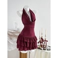thumbnail image 5 of Burgundy Metallic Glitter Draped Neck Backless Ruffle Hem Bodycon Mini Dress For Women, 5 of 8