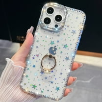 for iPhone 16 Plus Case for Women, Glitter Back & Diamond Frame, Slim TPU Shockproof Cover with Ring Kickstand, Stylish Sparkly for Girls, Drop Protection Anti-Scratch Phone Case, Star