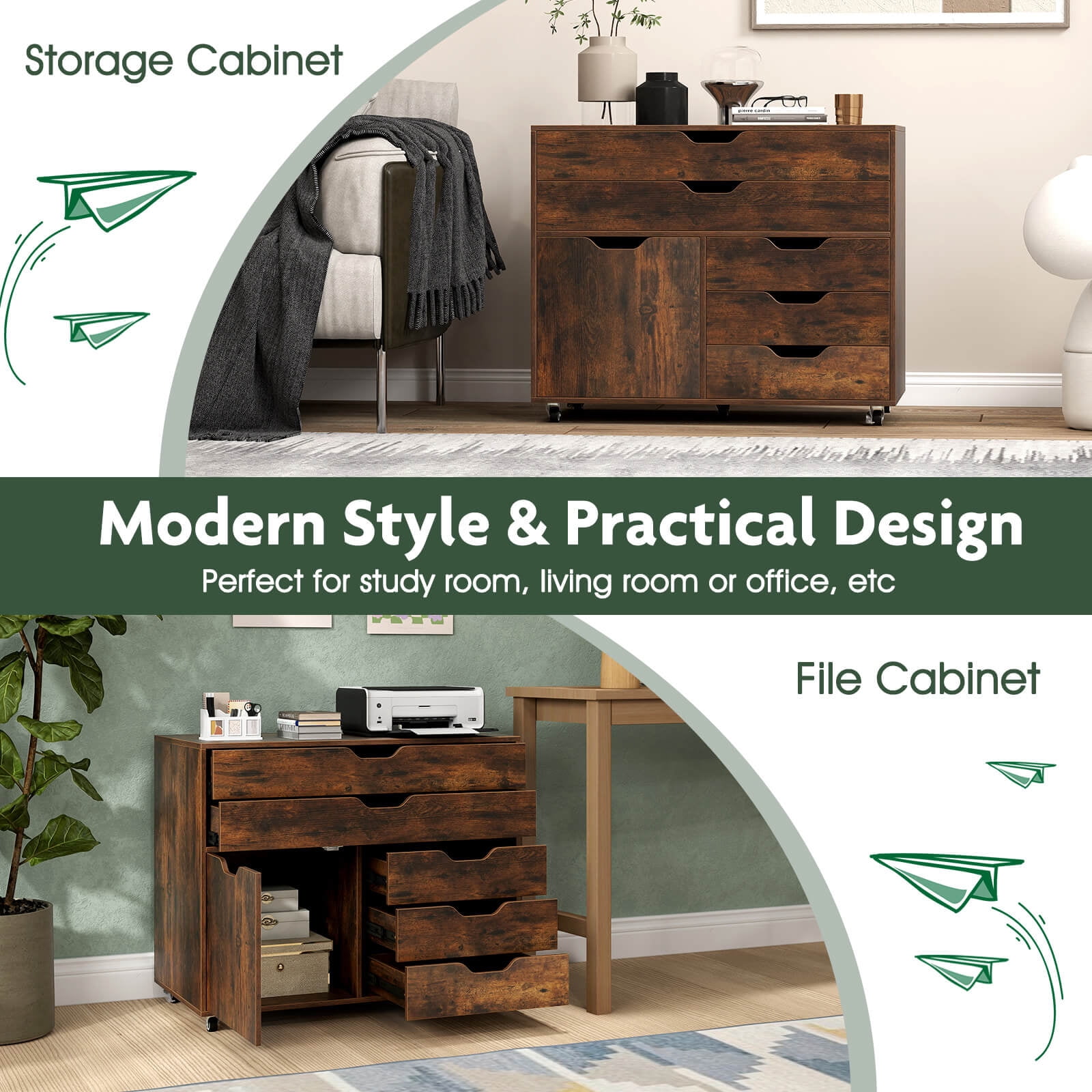 Costway 5-Drawer File Cabinet Mobile Chest of Drawers with Side Cabinet 5 Casters Brown