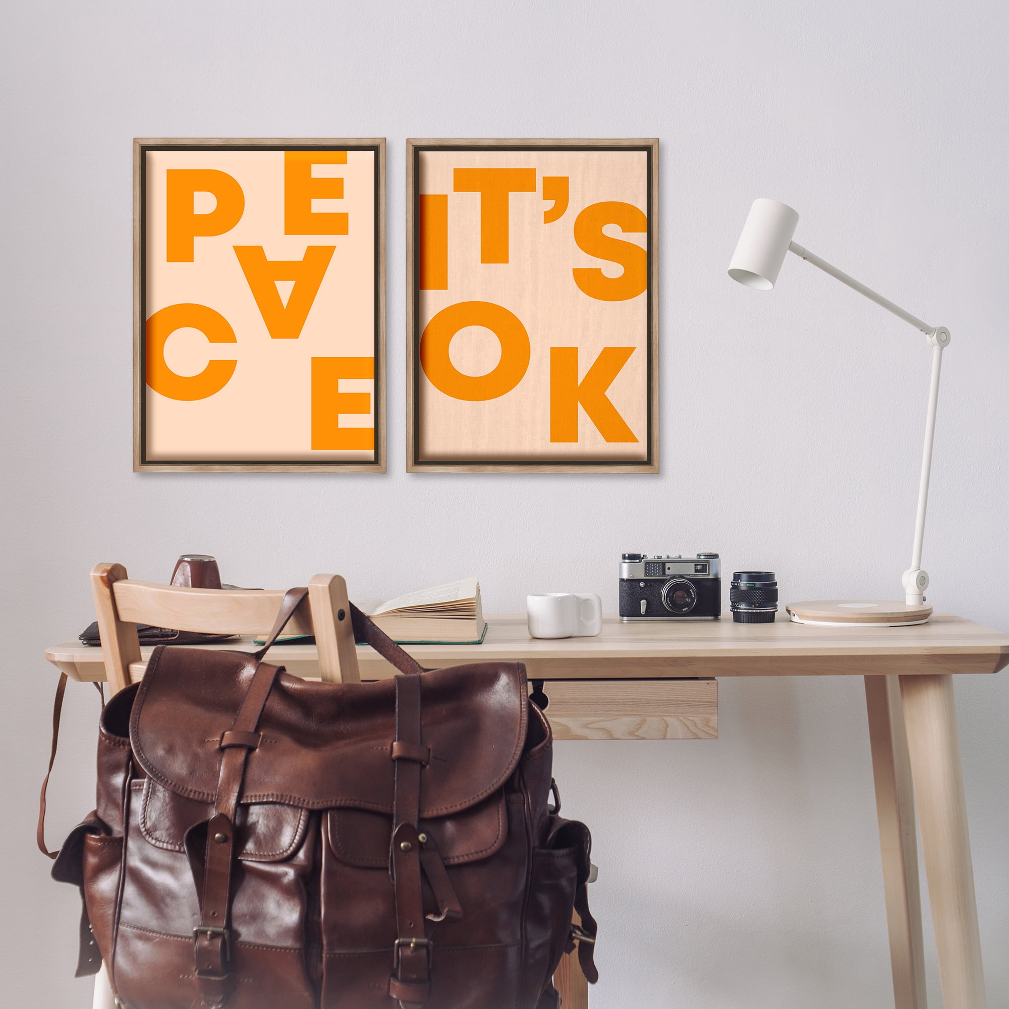 Stupell Industries Peace It's Ok Orange Text & Numbers Painting Brown Floater Framed Canvas Art Print Wall Art, 17 x 25, Set of 2