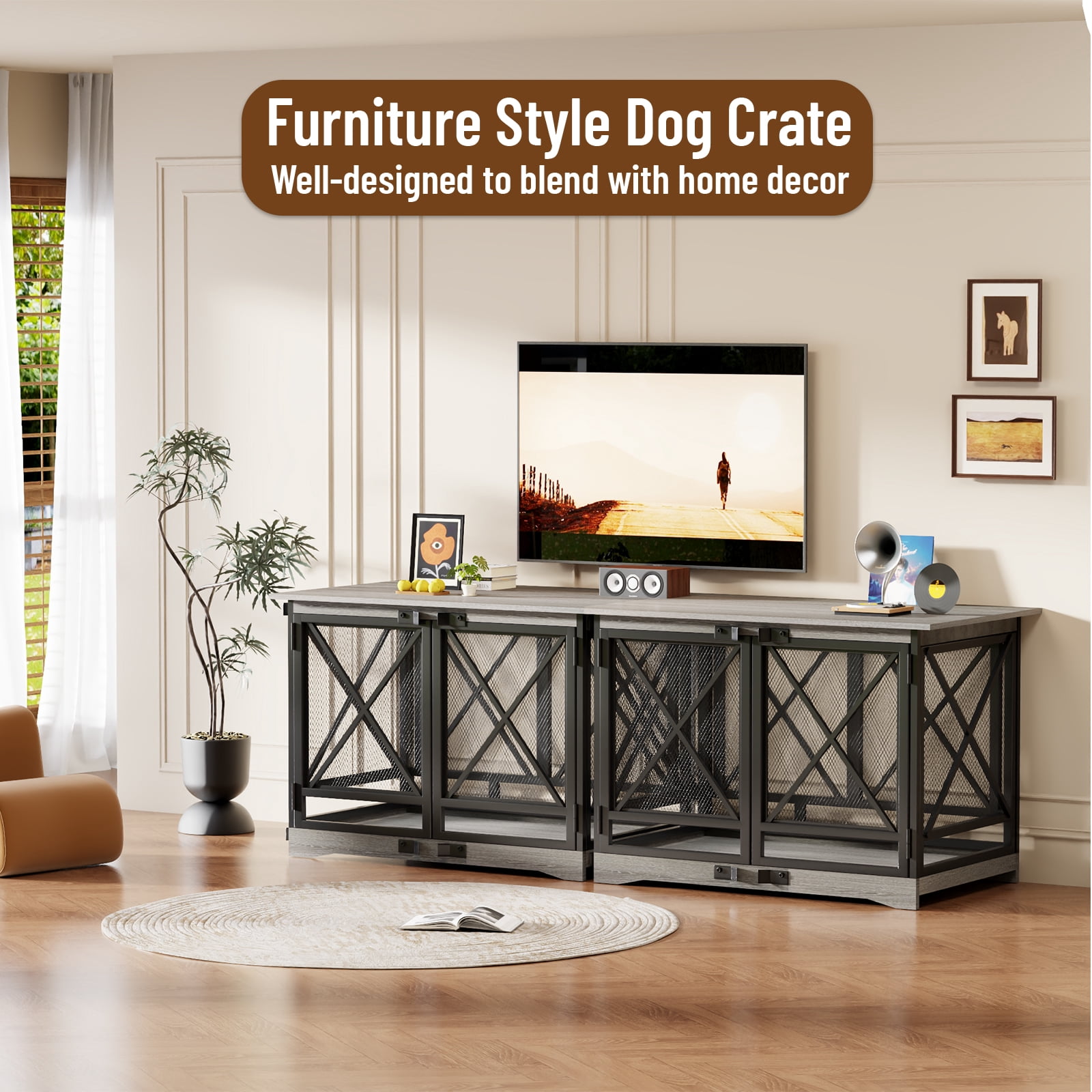 48 inch Extra Large Dog Crate Furniture,Double Door Indoor Kennel,End Side Table Wooden Dog Crates,Anti-Chew Anti-Escape, Gray