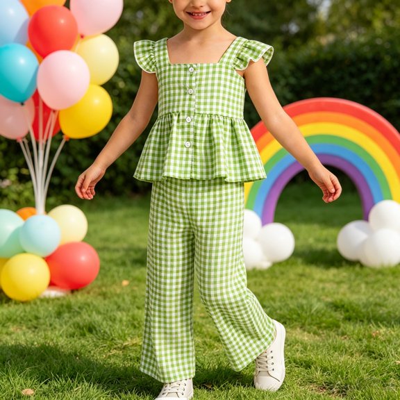 DAETIROS Girls Plaid 2 Piece Outfit Set – Square Neck Ruffle Sleeve Button Front Top with Long Pants – Cotton Summer Casual Loungewear