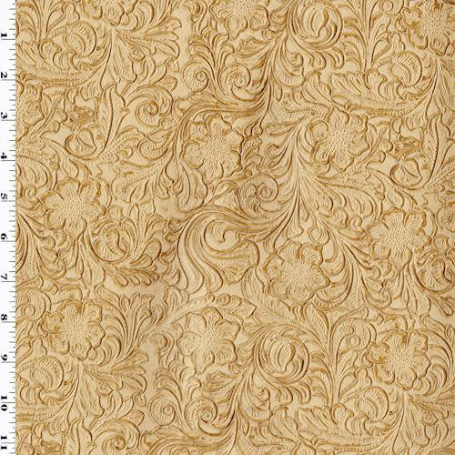 Tan Beige Floral Embossed Vinyl, Fabric By the Yard