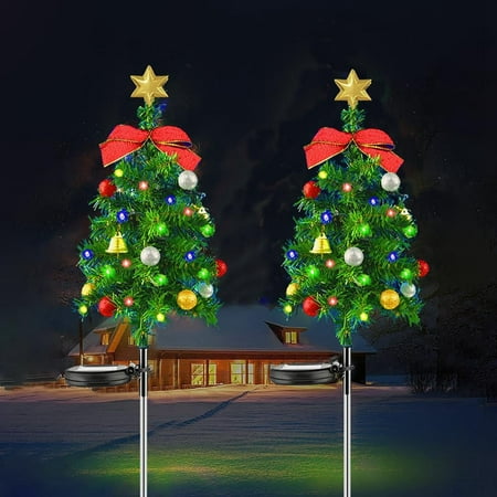 

2 Set Solar Christmas Decorations Trees Lights Outdoor Waterproof Solar Xmas Pathway Lights with Bow and Bell Solar Stake Lights Xmas Tree Garden Decor for Pathway Lawn Patio