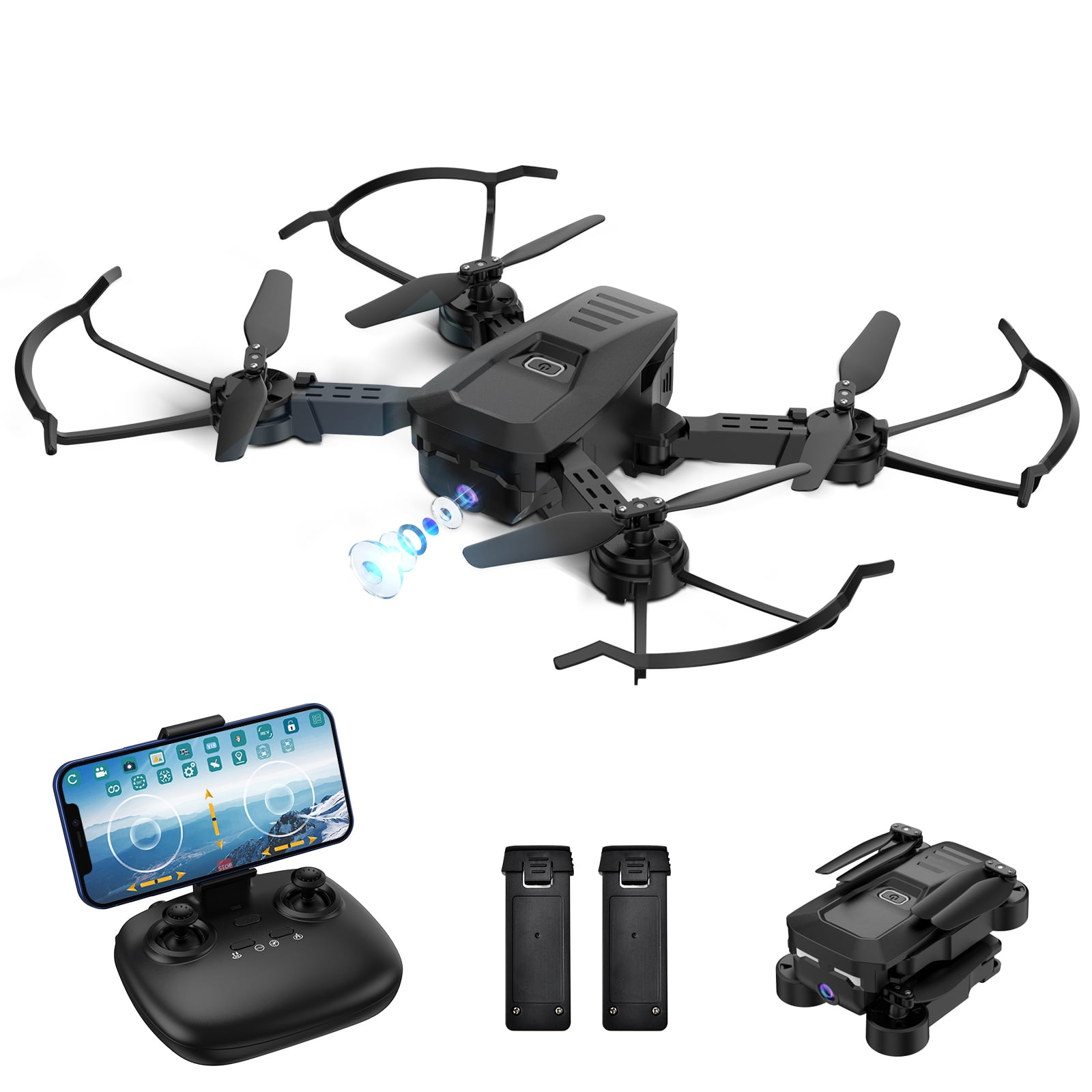 JY03 Drone with 1080P HD Camera for Adults and Kids, FPV RC Quadcopter with  LED Lights and Optical flow Sensor, 2 Batteries, Black