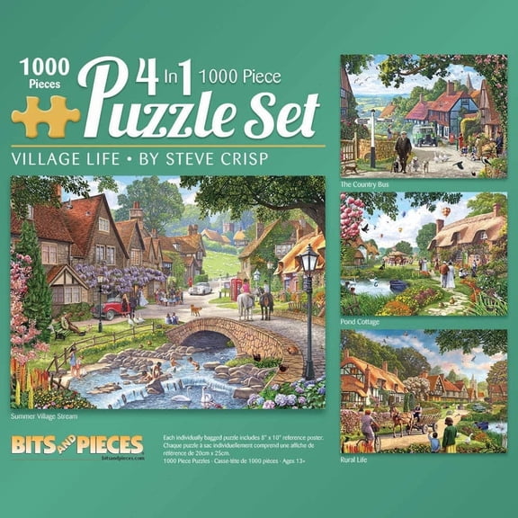 Bits and Pieces 4-In-1 Multi-Pack Village Life 1000 Piece Jigsaw Puzzles by Steve Crisp 20" x 27"