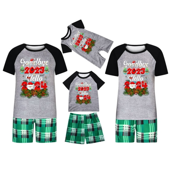 Penkiiy Matching Family Pajamas Christmas Pajamas for Family Xmas Matching Sets Short Sleeve Shirts and Plaid Shorts Santa Christmas Tree Sleepwear Two-piece Sets Gray M