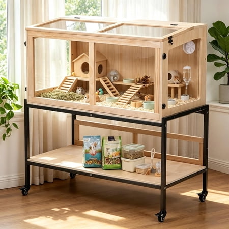 Jaxpety 39" Extra Large Wooden Hamster Cage with Clear Acrylic Enclosure, Rolling Wheels & Storage Stand,Ideal Habitat for Guinea Pigs, Chinchillas