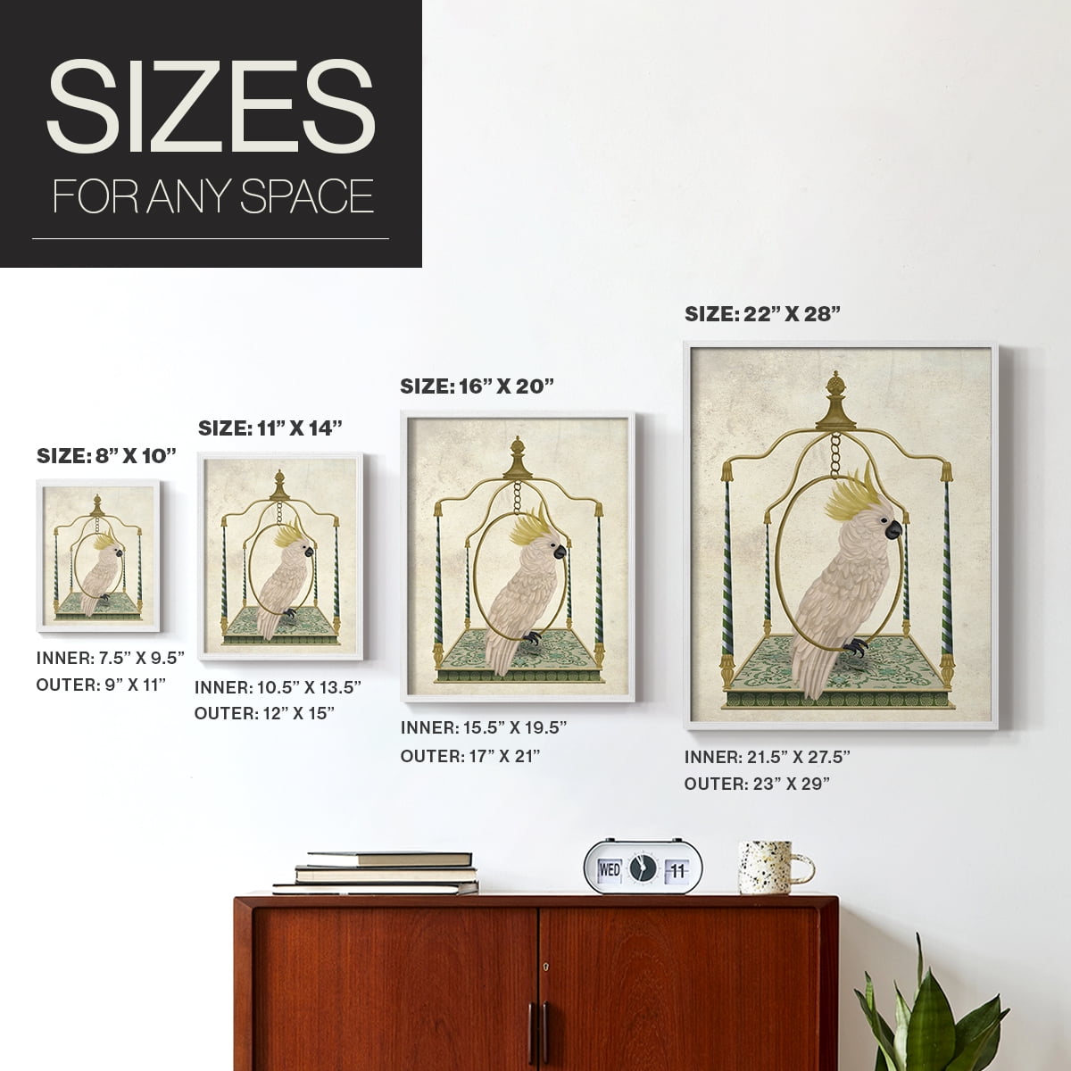 White Cockatoo on Swing Framed Print in White Solid Wood 11 x 14 Framed Print