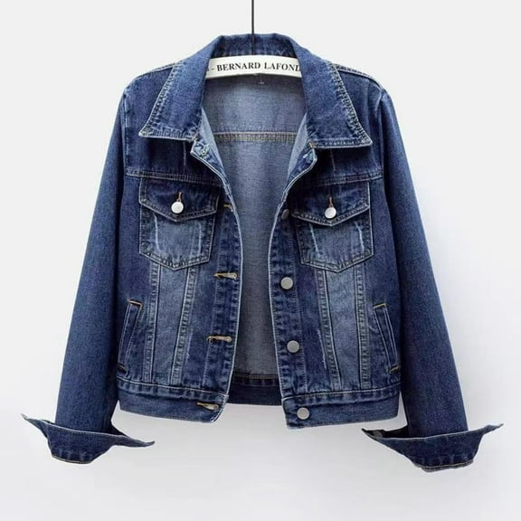 YNGKMEA Women's Bride Casual Jean Jacket Distressed Ripped Denim Jacket Coat with Pockets Dark Blue L