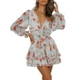 thumbnail image 2 of KelaJuan Women Spring Casual Mini Dress Floral Print Deep V-Neck Tie-Up Long Sleeve Sweet Dress Fashion Ruffles Dress, 2 of 6