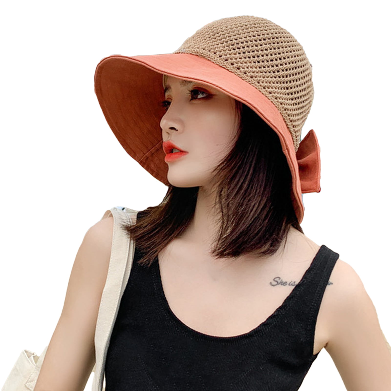 Women's Cotton Summer Hats Wide Brim Edge Foldable Outdoor Ladies Hat Bow Design 