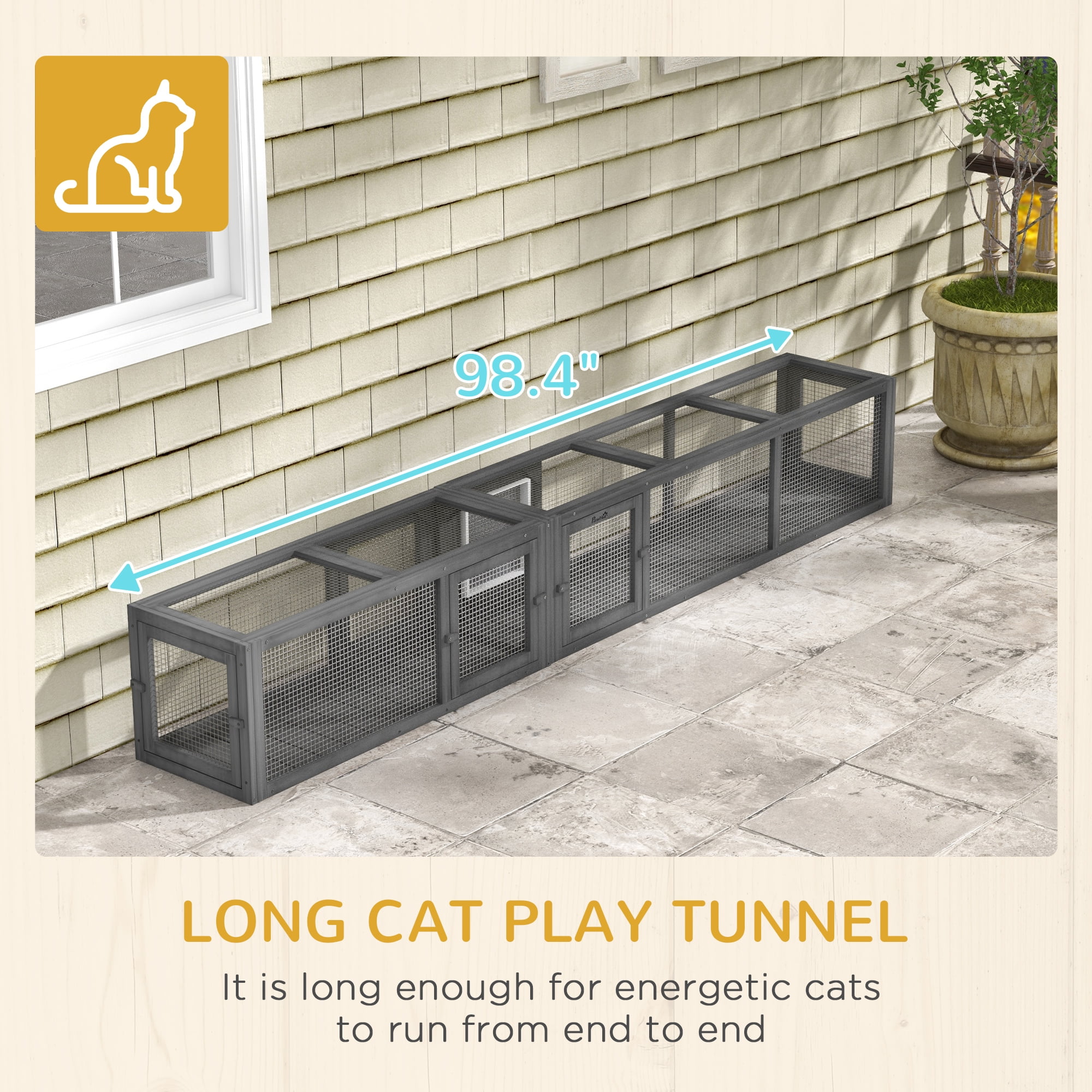 Dog Bed PawHut Cat Tunnel Outdoor, Wooden Cat Tube with Combinable Design, 8 Doors, 98" Cat Toys for Kitty, Puppy, Pet, House, Window, Cage, Dark Gray,Large Dog Bed