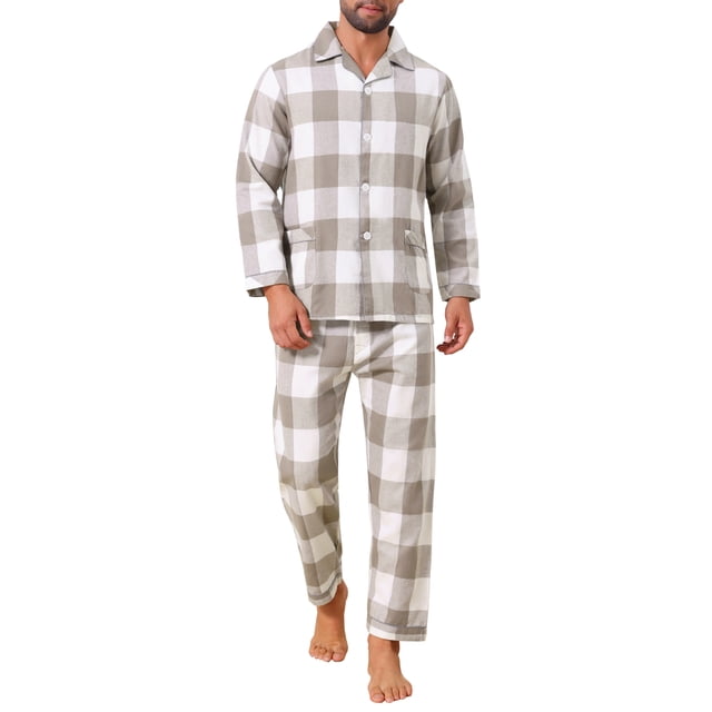 INSPIRAR CHIC Conjunto de Pijamas de Dos Piezas de Manga Larga con Botones Casual a Cuadros en Color Blanco y Beige