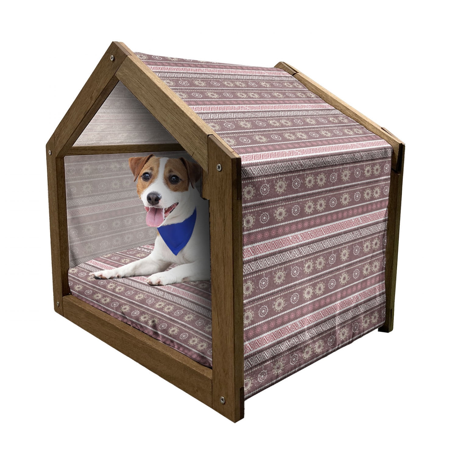 Floral Patterned Wooden Dog House with Canopy and Pillow