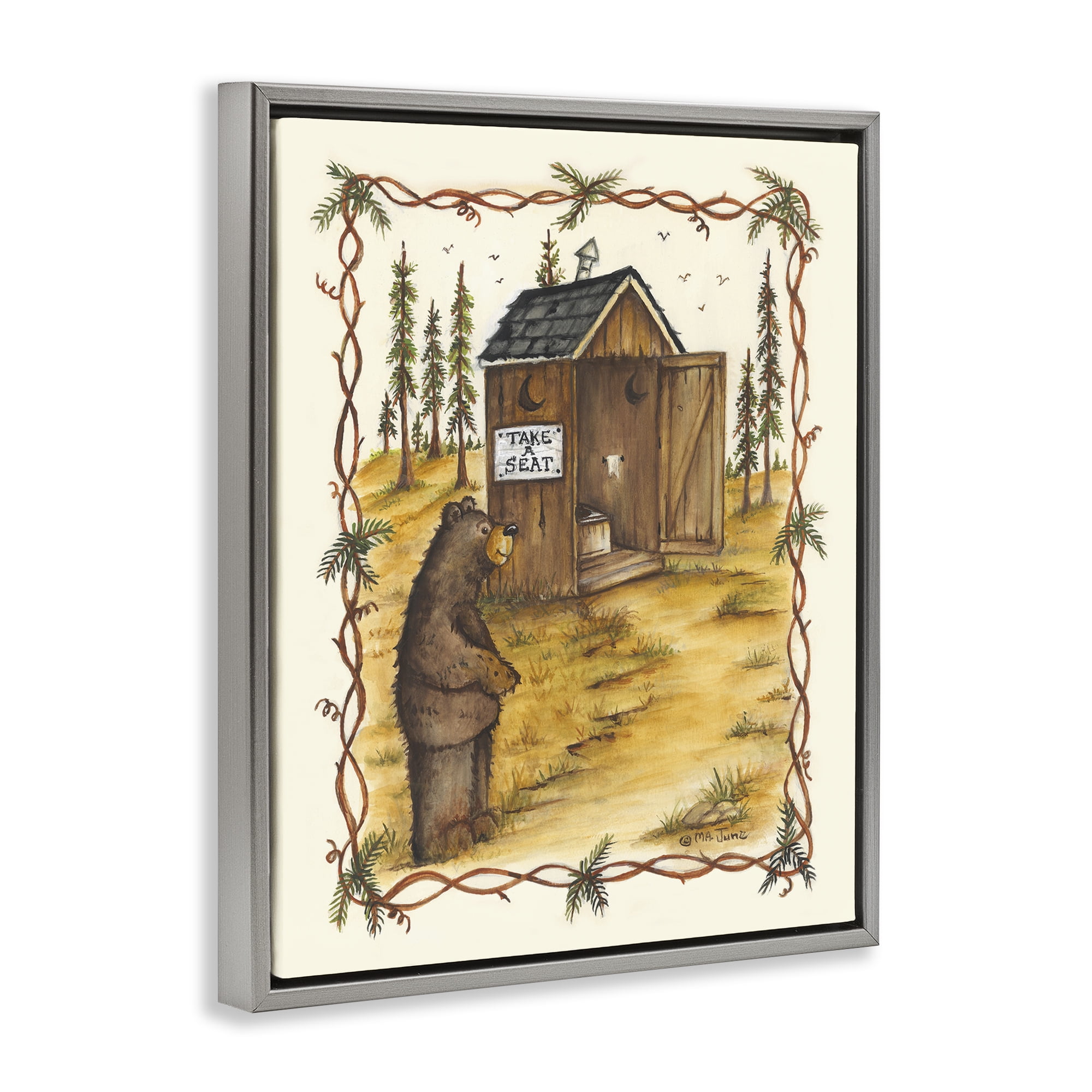 Stupell Industries Take A Seat Outhouse Animals & Insects Painting Gray Floater Framed Art Print Wall Art, 17 x 21