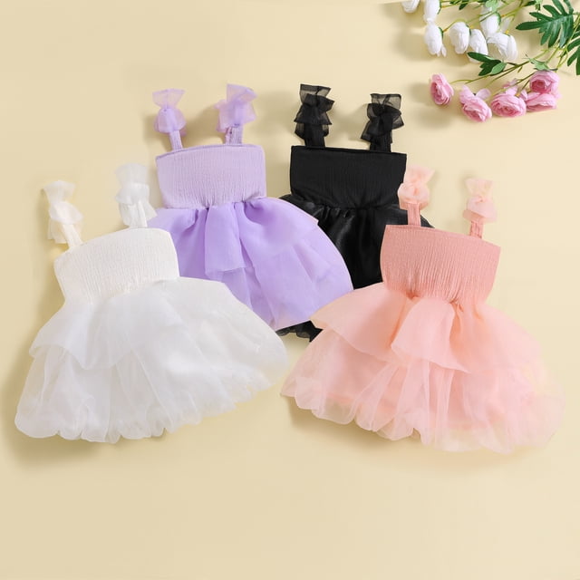 Vestido de princesa de cuatro colores con diseño moderno de moda de verano para niños, bonito vestido con lazo de malla esponjosa y tirantes