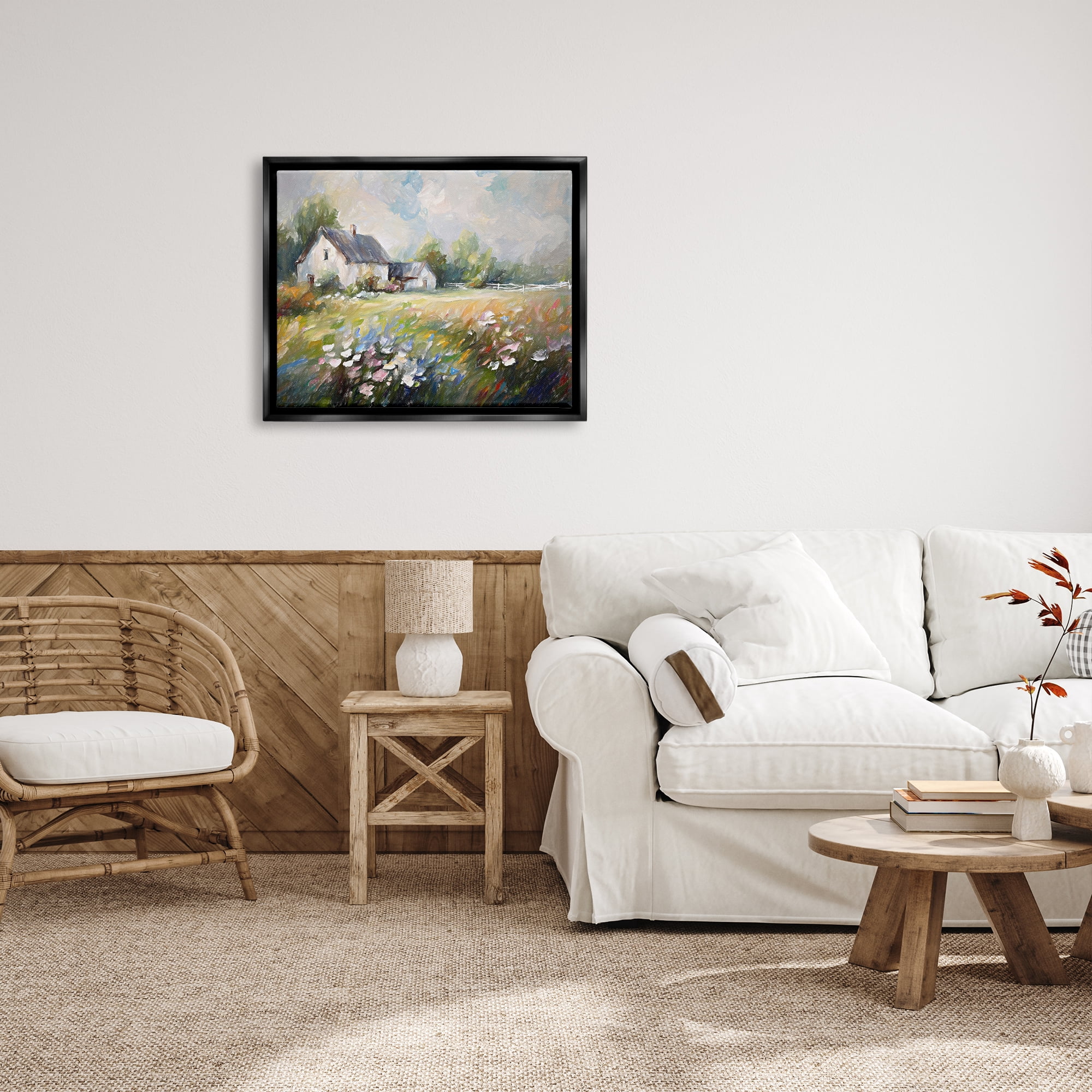 Stupell Industries Windblown Flowers Farmhouse Landscape Painting Black Floater Framed Canvas Art Print Wall Art, 31 x 25